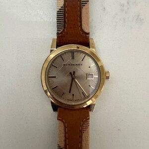 Burberry Gold and Tan Leather Watch